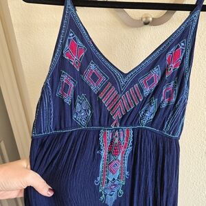 Japna Navy Maxi Dress with Red and Teal Embroidery, Size Medium